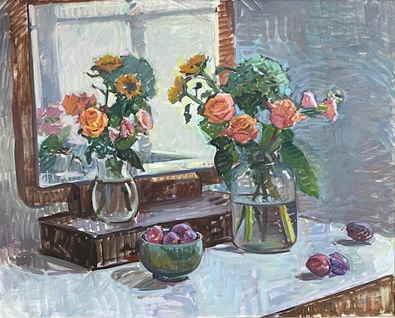 Interior Painting Amy Florence - "Roses, hortensias et prunes" Nature morte impressionniste colorée, Florence, Italie