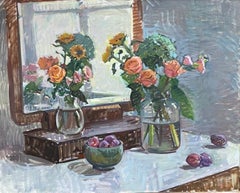 "Roses, Hydrangeas and Plums" colorful impressionist still life, Florence, Italy