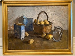 "Salt and Potatoes" oil painting, farm spuds in a basket, blue box of salt, food