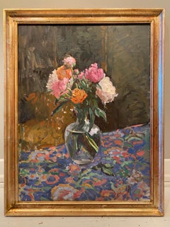 "Sant Ambrogio Flowers" oil painting of italian floral bouquet on colorful cloth