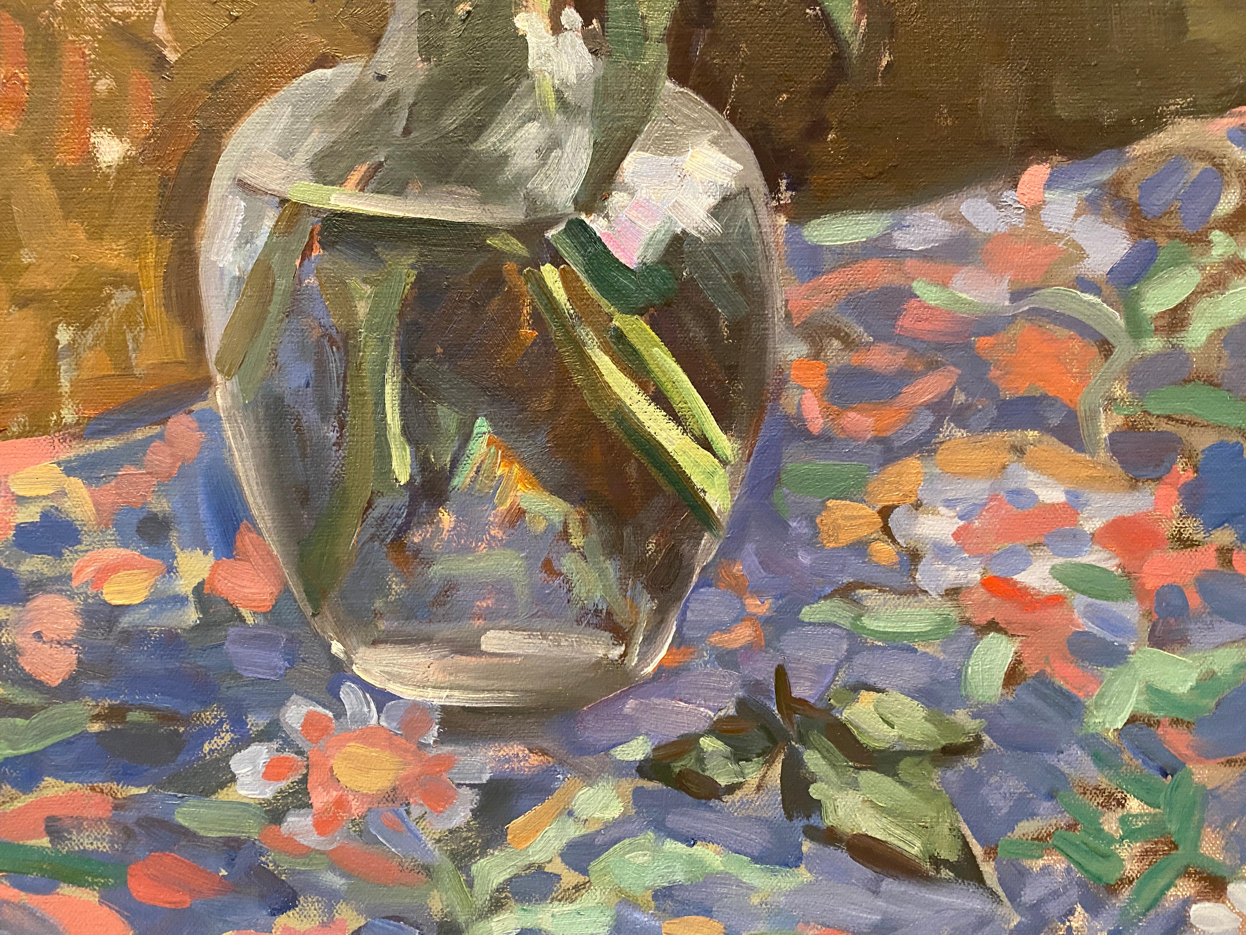 A still life oil painting of Sant Ambrogio flowers in a glass vase on a patterned tablecloth. This is an excellent example of the artist's work. An enthusiastic lover of nature, the artist reveals a keen and sensitive botanical eye. The artist