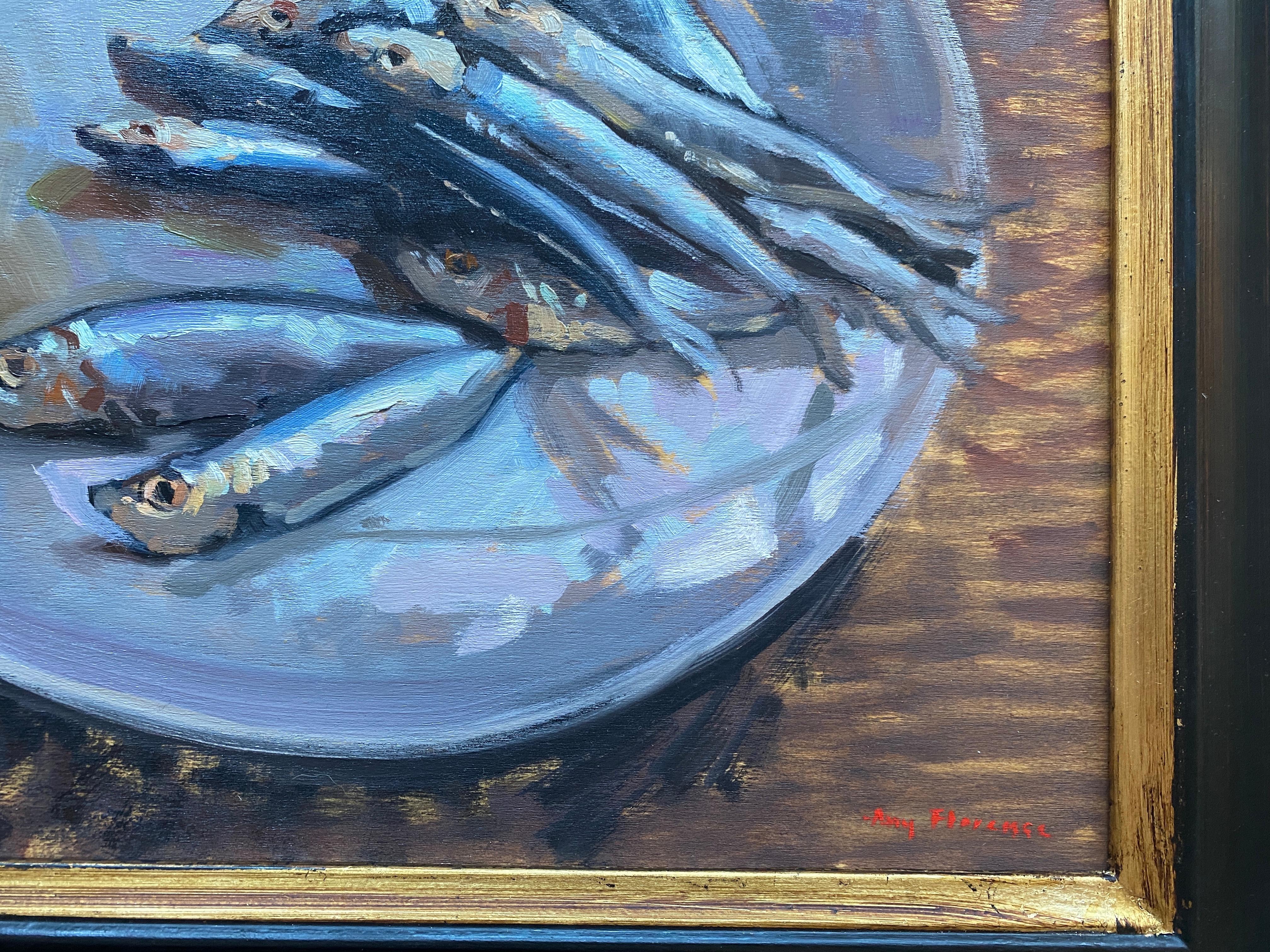 Sardines on a Plate - Gray Animal Painting by Amy Florence