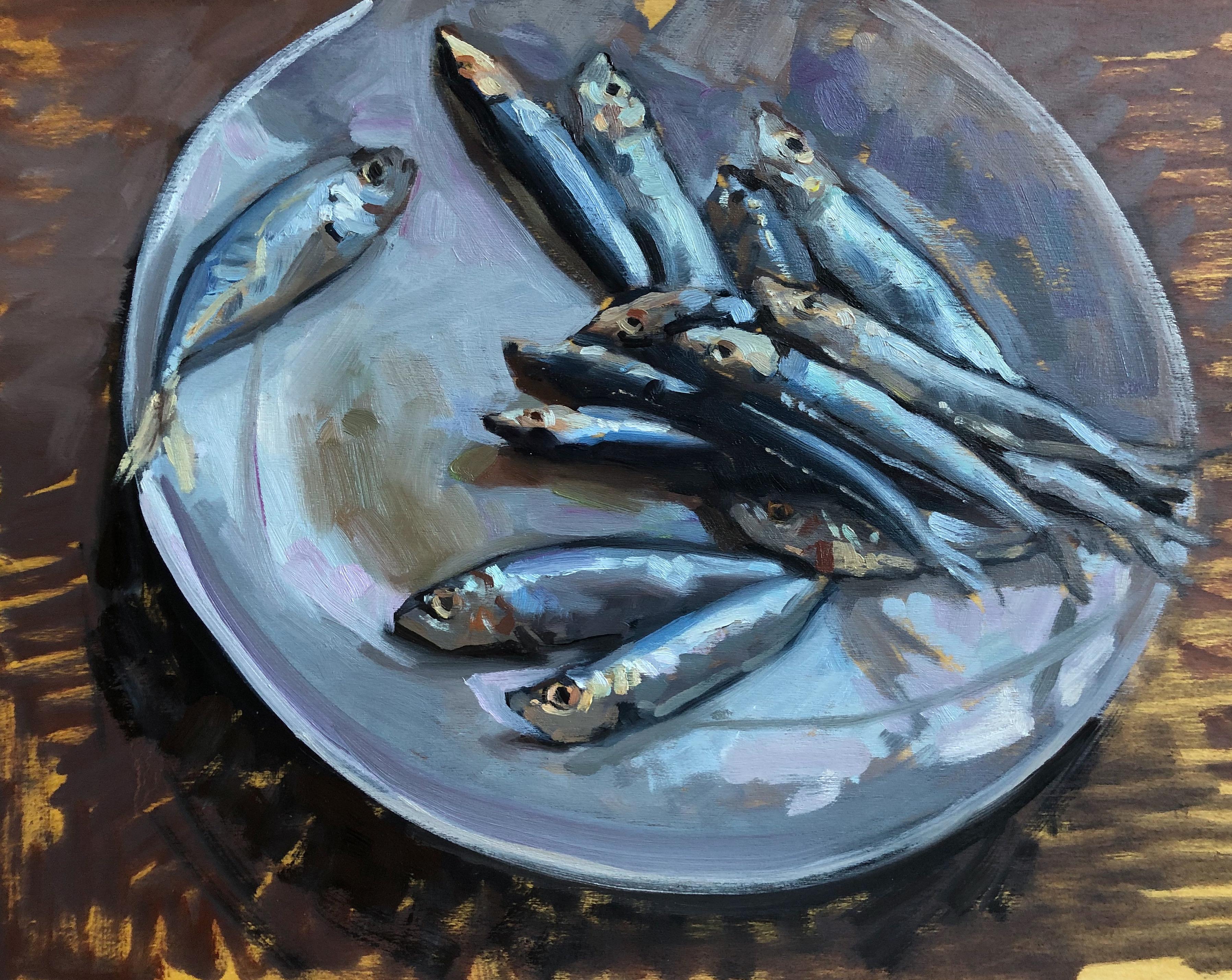 Amy Florence Animal Painting - Sardines on a Plate