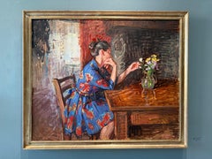 "Self Portrait with Flowers" oil painting, a woman thinking with floral bouquet