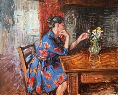 "Self Portrait with Flowers" oil painting, a woman thinking with floral bouquet