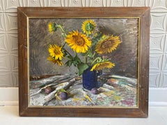 "Sunflowers" Still Life Oil Painting, Yellow Flora, Tablecloth with Plums, 2023
