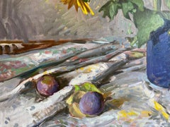"Sunflowers" 2023 oil painting wildflower still life on tablecloth with fruit