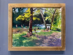 "Le bagnanti" Quadro a olio impressionista contemporaneo, fiume Arno, Italia, incorniciato