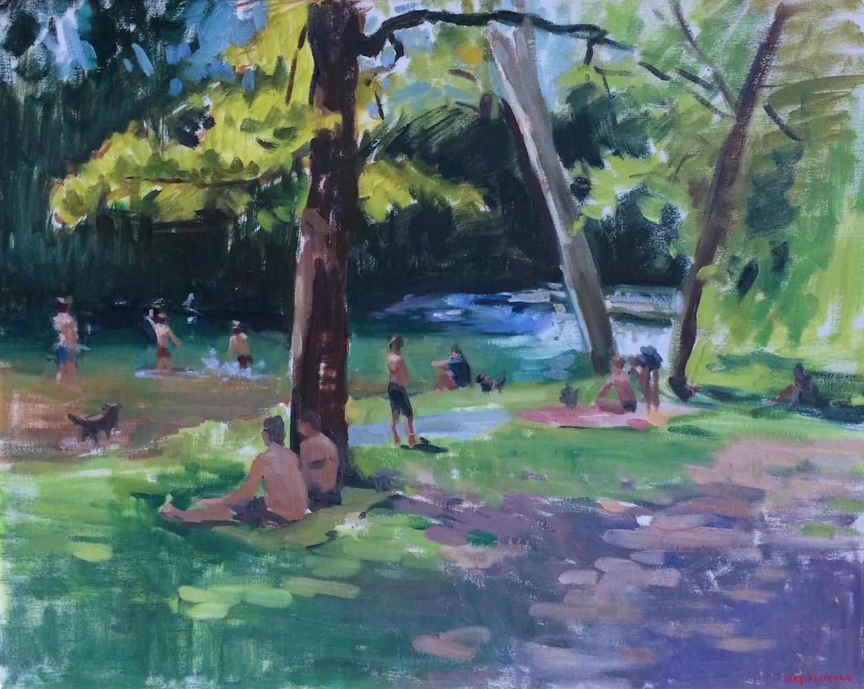 Amy Florence Landscape Painting - The Bathers - Contemporary impressionist painting from Italy's Arno River