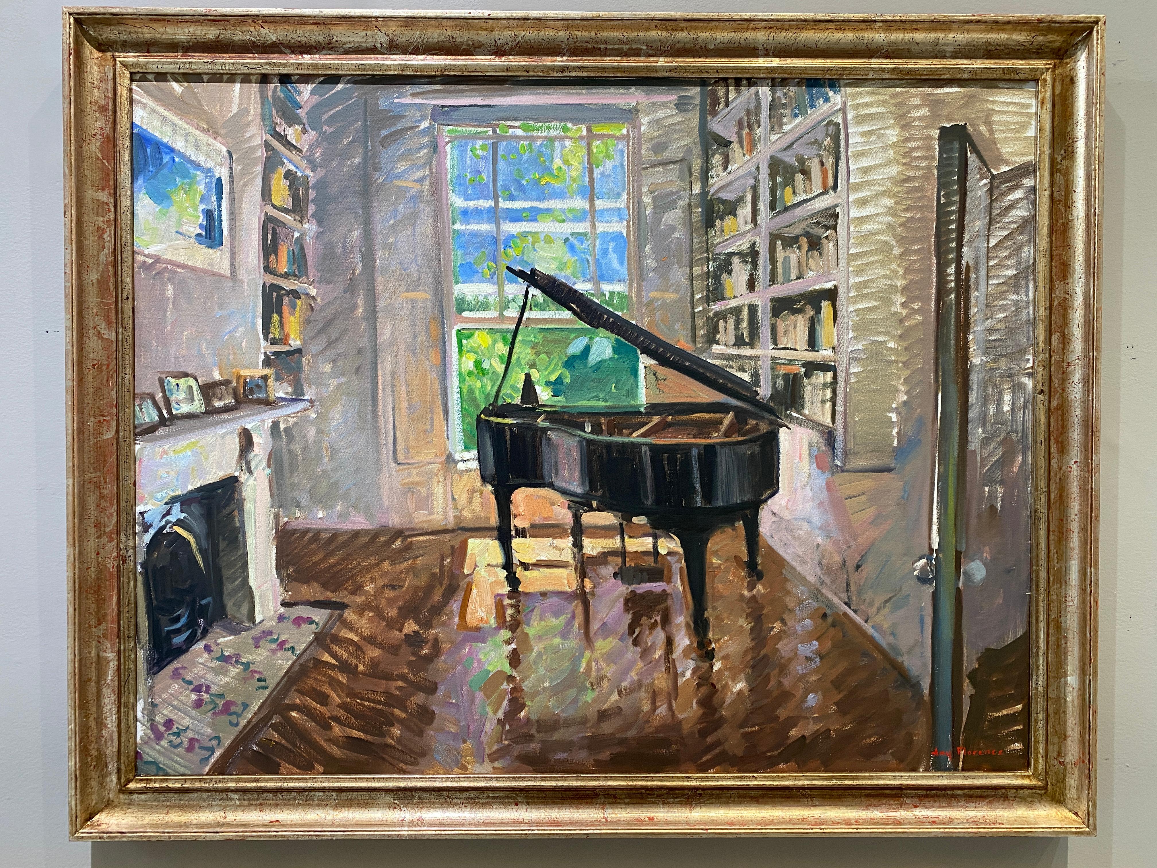 Interior Painting Amy Florence - "The Piano Room" peinture à l'huile contemporaine de style impressionniste, lumière de la salle de musique.