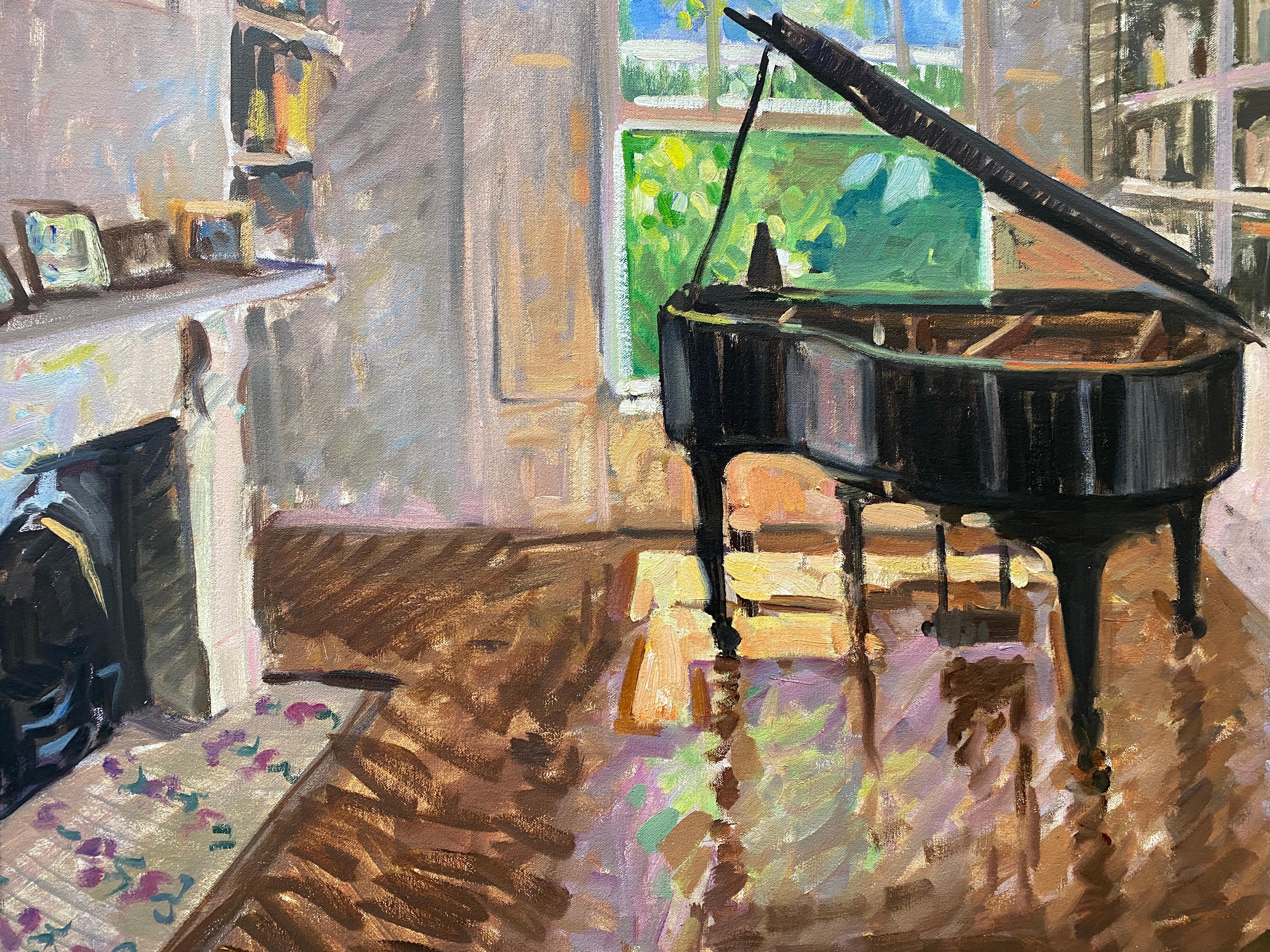 An oil painting of an interior close to the artist's heart; her parents house. The object of focus is the black baby grand piano. A big open window sets a sunny tone, allowing lots of natural light to flow into the room. The walls are lined with