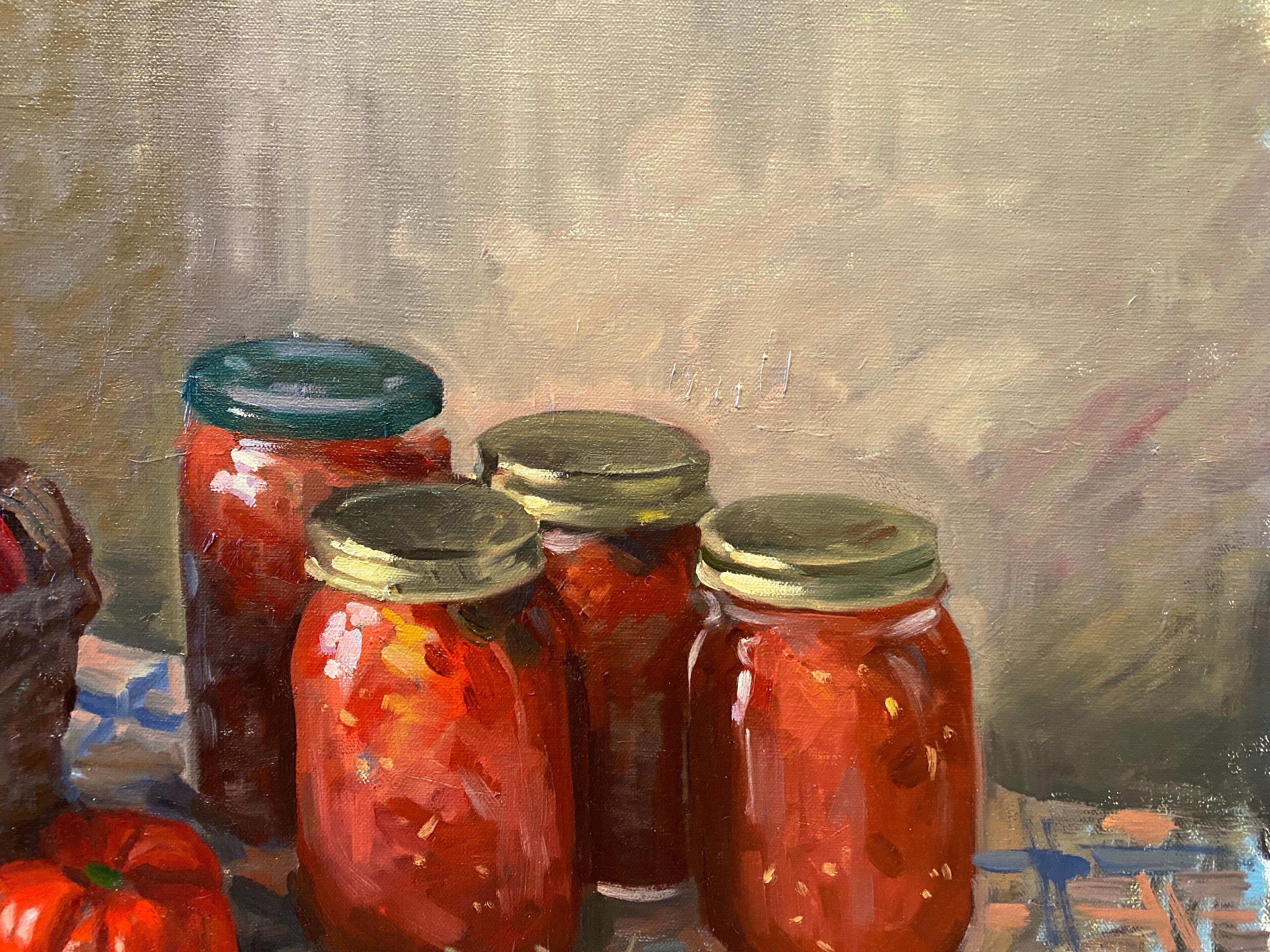 A still life oil painting of brilliant red tomatoes on a checker patterned tablecloth. This work is a reflection of the artist's belief that ordinary things possess great beauty.  After a morning of picking tomatoes from the garden in their Tuscan