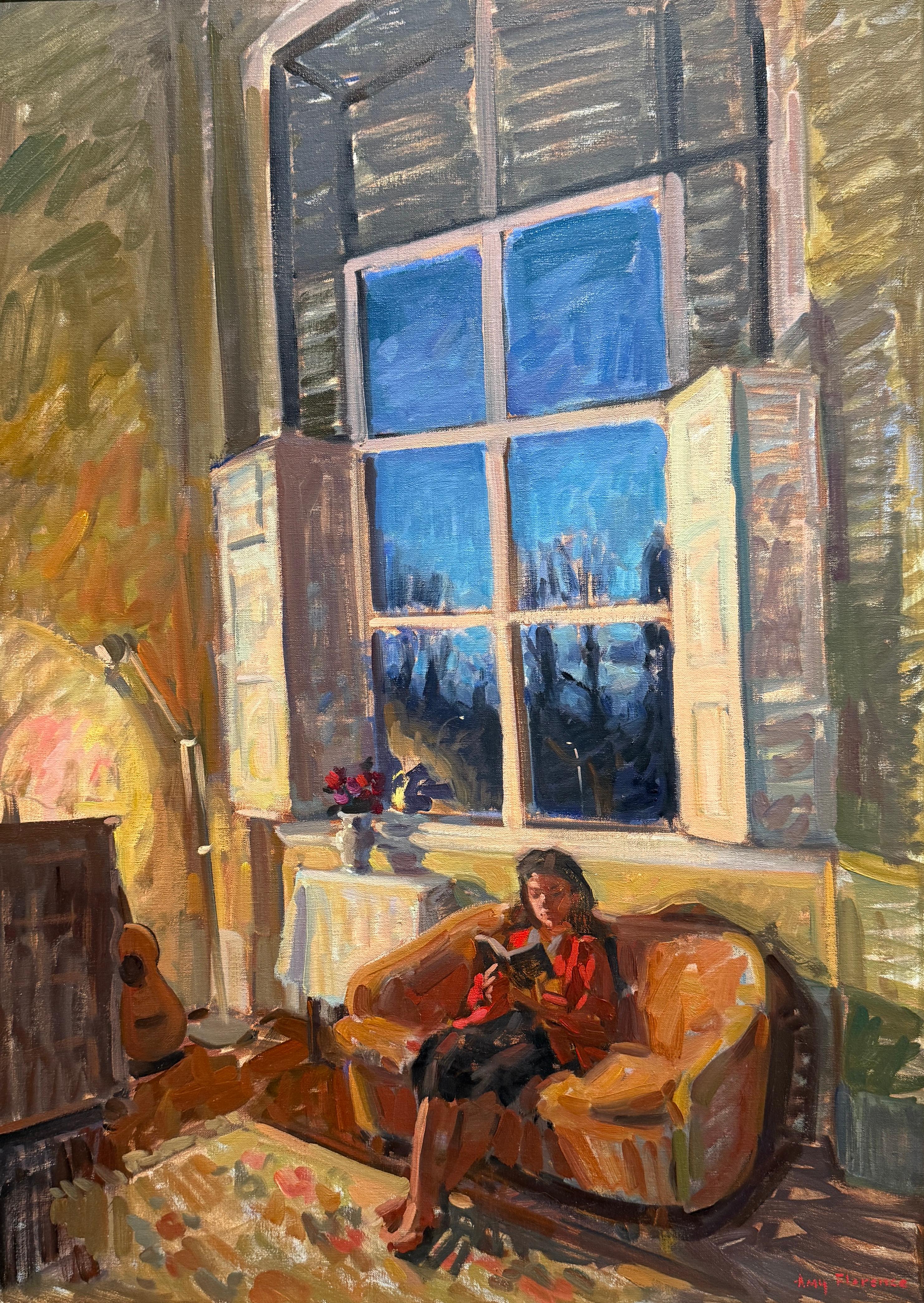 Das zeitgenössische impressionistische Gemälde "Twilight in the Studio" zeigt ein lesendes Mädchen