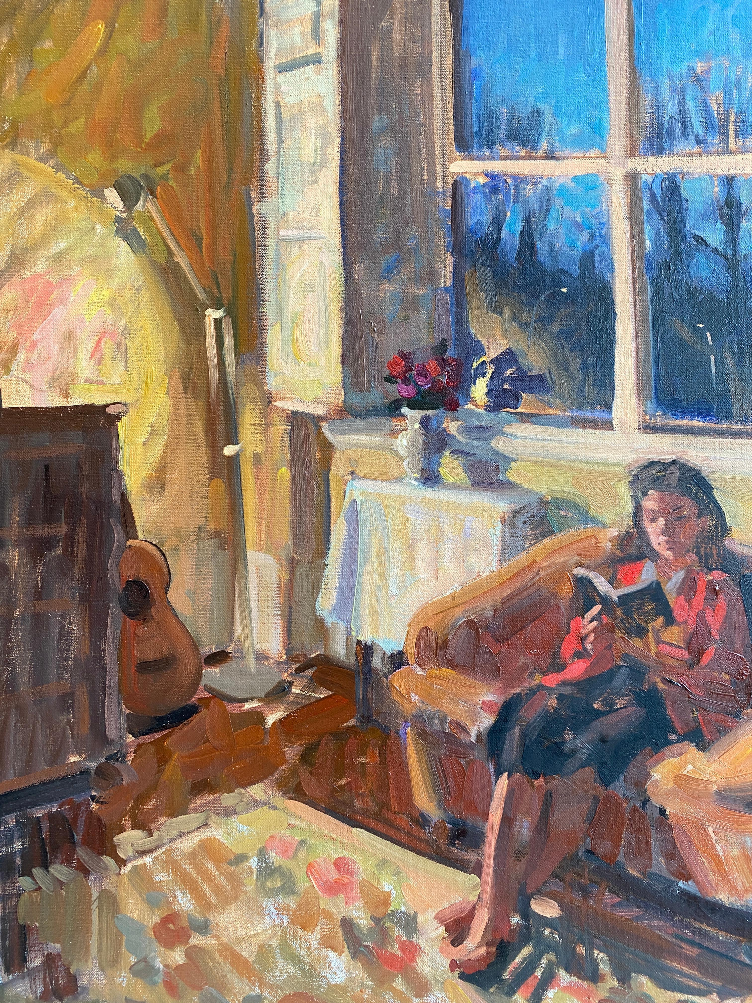 A contemporary impressionist interior of a girl reading at twilight. Florence depicts a serene moment in her cozy studio. This is one of her few figural paintings, but one of her recognizable floral still lifes is visible next to the reading woman.