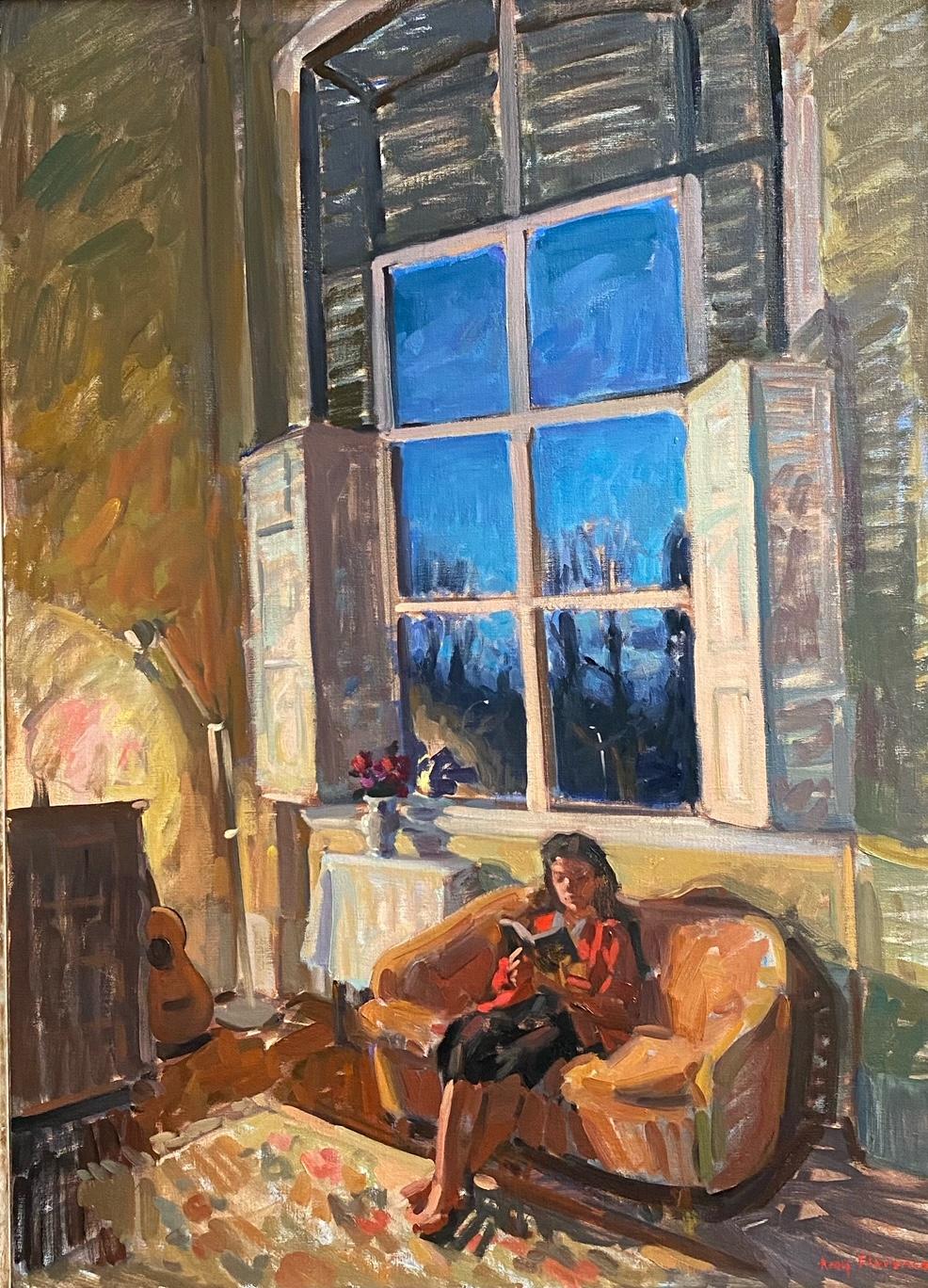Still-Life Painting Amy Florence - "Crépuscule au Studio" intérieur impressionniste contemporain d'une jeune fille en train de lire.