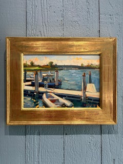 "View from Bay Street" oil painting, dock with boats and bridge, Impressionist