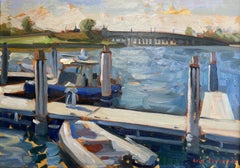 "View from Bay Street" oil painting, dock with boats and bridge, Impressionist