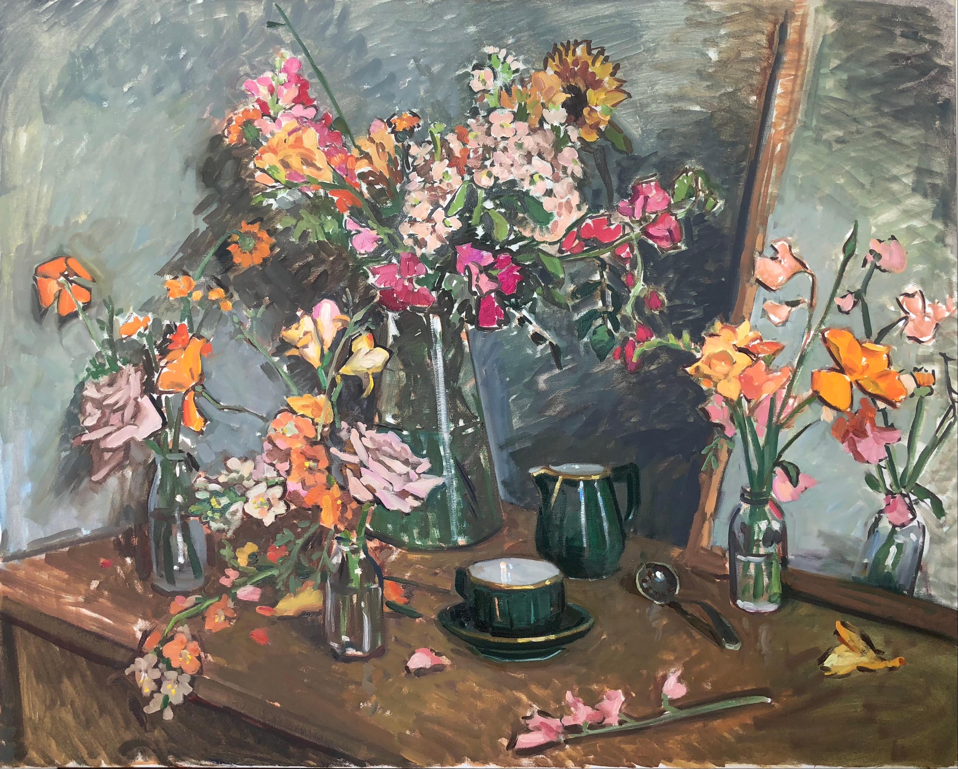 Interior Painting Amy Florence - "Fleurs de mariage" Nature morte impressionniste de fleurs sauvages colorées et d'une tasse à thé 