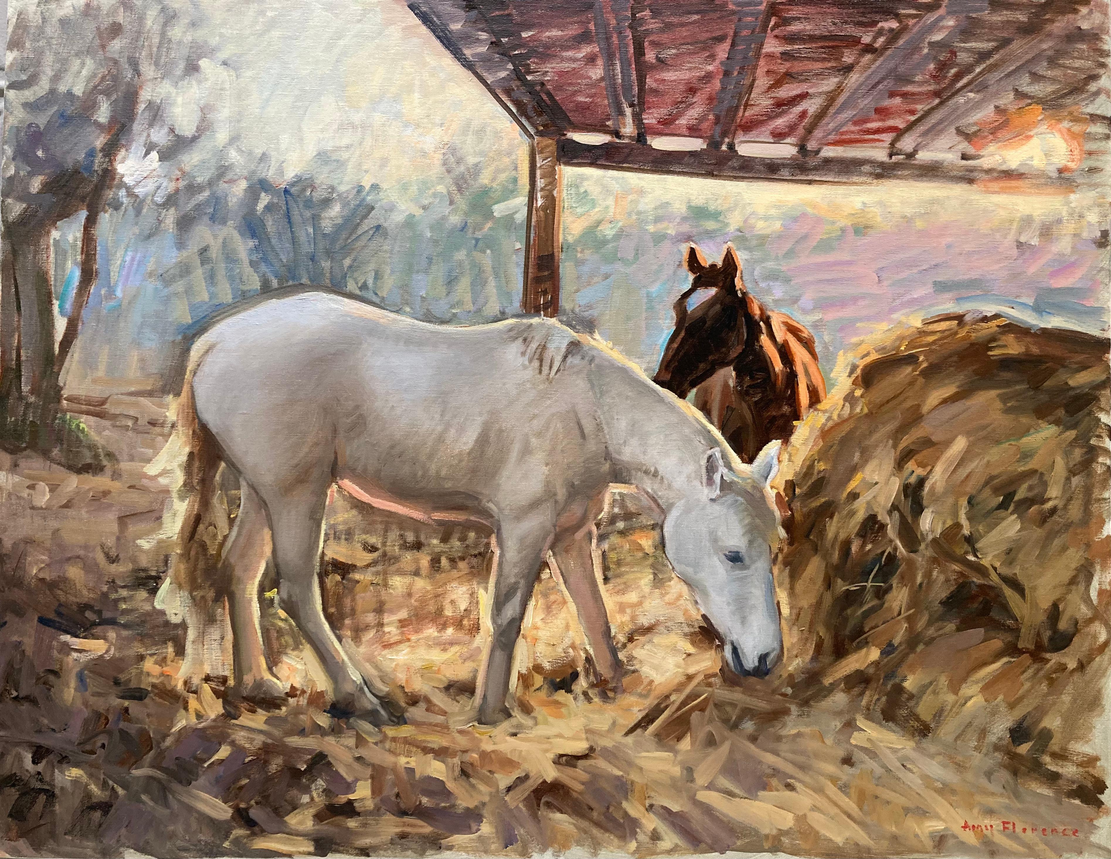 Animal Painting Amy Florence - "Cheval blanc au crépuscule, Toscane" peinture à l'huile pastorale impressionniste contemporaine.