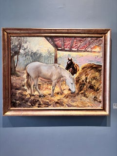 "Cavallo bianco al tramonto, Toscana" dipinto a olio impressionista equino, firmato, incorniciato