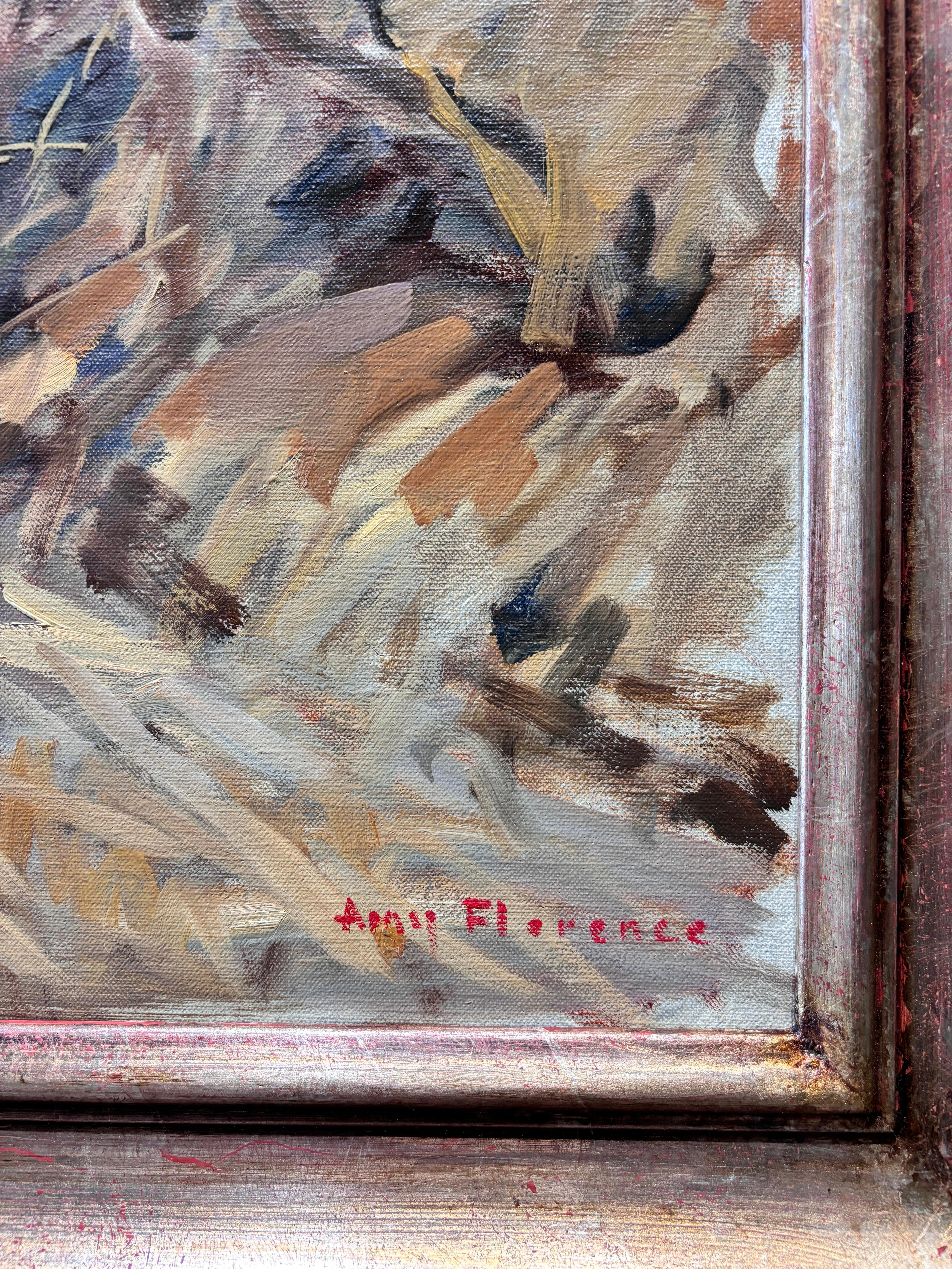 Ein Ölgemälde von Amy Florence (geb. 1989, England), das zwei Pferde zeigt, die in einem stallähnlichen Gebäude auf Heu grasen. 

Signiert 