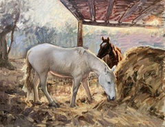 "Cavallo bianco al tramonto, Toscana" dipinto a olio impressionista equino, firmato, incorniciato