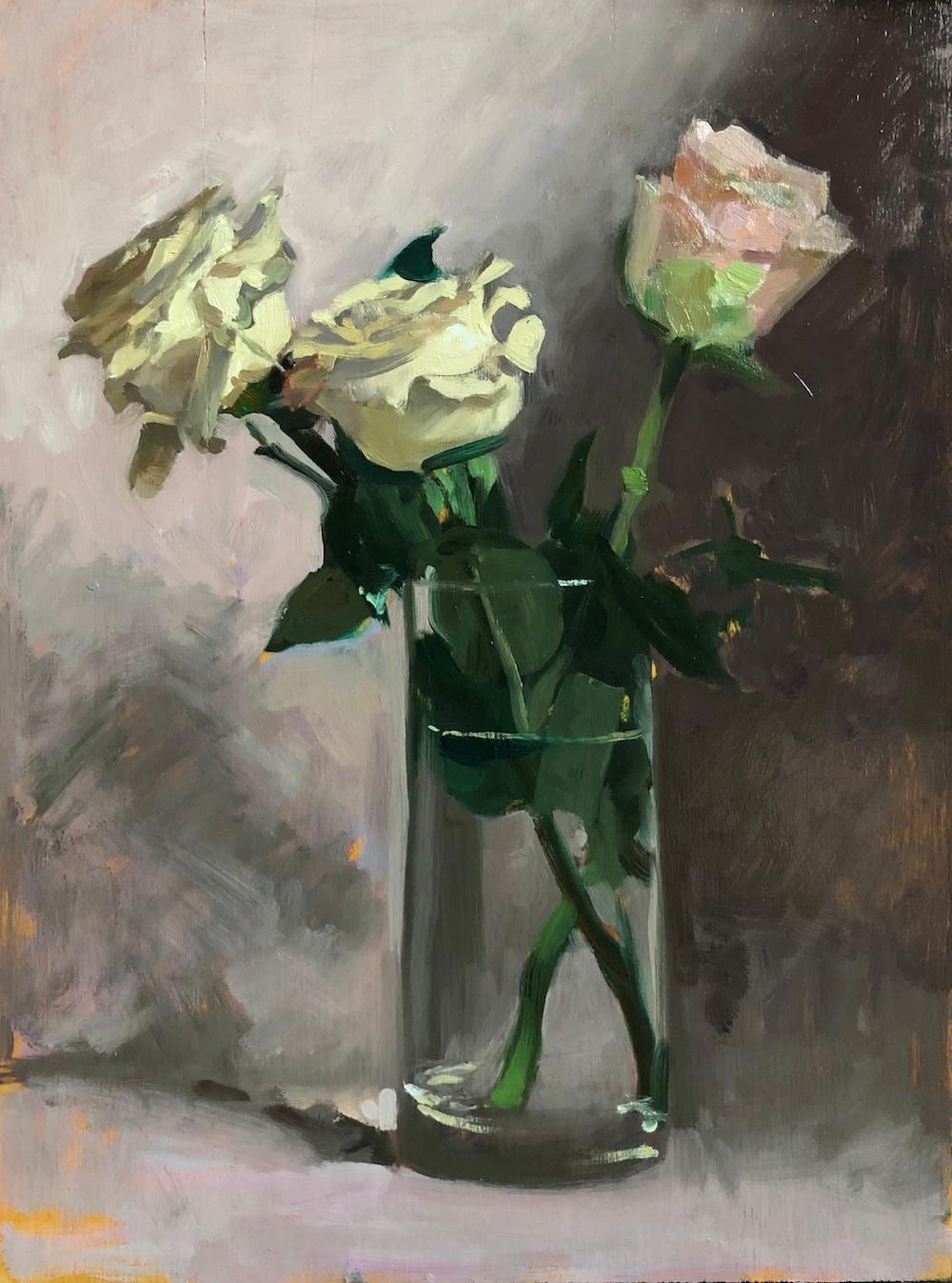 Amy Florence Still-Life Painting - "White Roses" impressionist studio still life oil painting with pink hues 