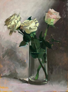 "Roses blanches" nature morte impressionniste de studio peinture à l'huile avec des teintes roses. 