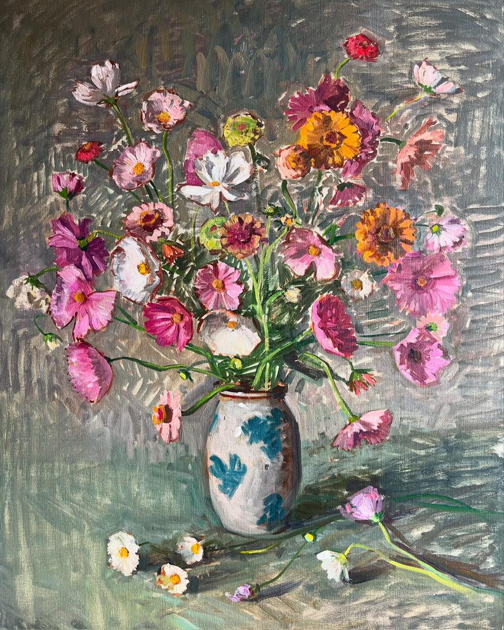 "Zinnias y Cosmos" bodegón impresionista al óleo de flores brillantes