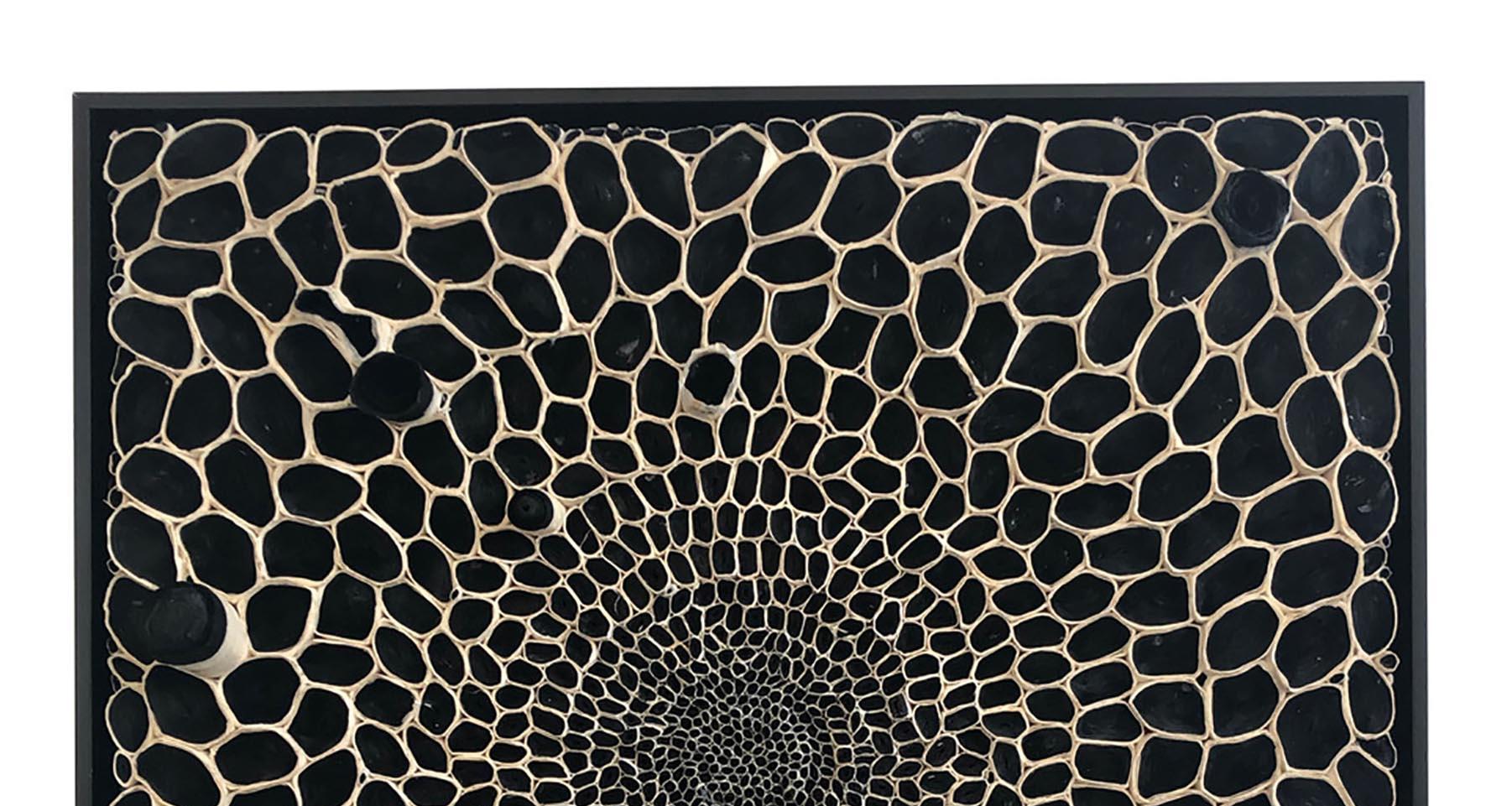 These black & white three dimensional paper pieces are by Amy Genser. These  textural, one-of-a-kind wall pieces embody movement and processes. She masterfully manipulates paper -- each piece being cut, rolled and stacked -- to mimic organic forms