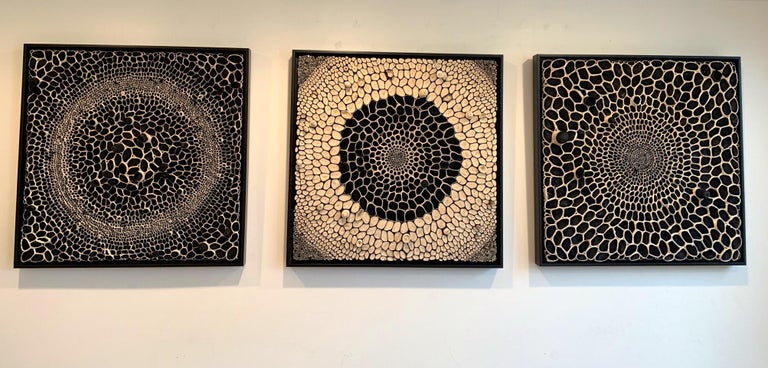 Thus black and white dimensional paper pieces are by mixed media artist, Amy Genser. These textural, one-of-a-kind framed wall works embody movement and processes. She masterfully manipulates paper -- each piece being cut, rolled and stacked -- to
