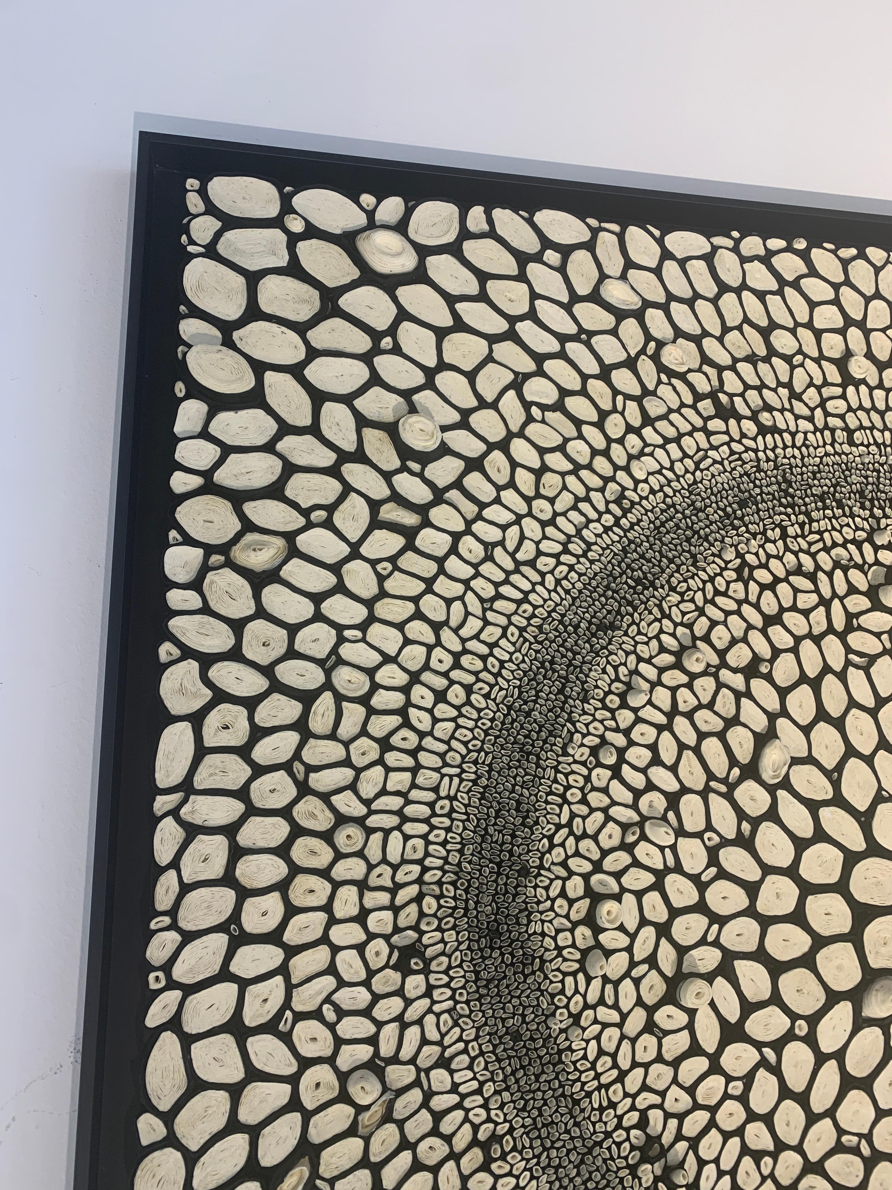 This black and white dimensional paper pieces is by mixed media artist, Amy Genser. This textural, one-of-a-kind framed wall works embody movement and processes. She masterfully manipulates paper -- each piece being cut, rolled and stacked -- to