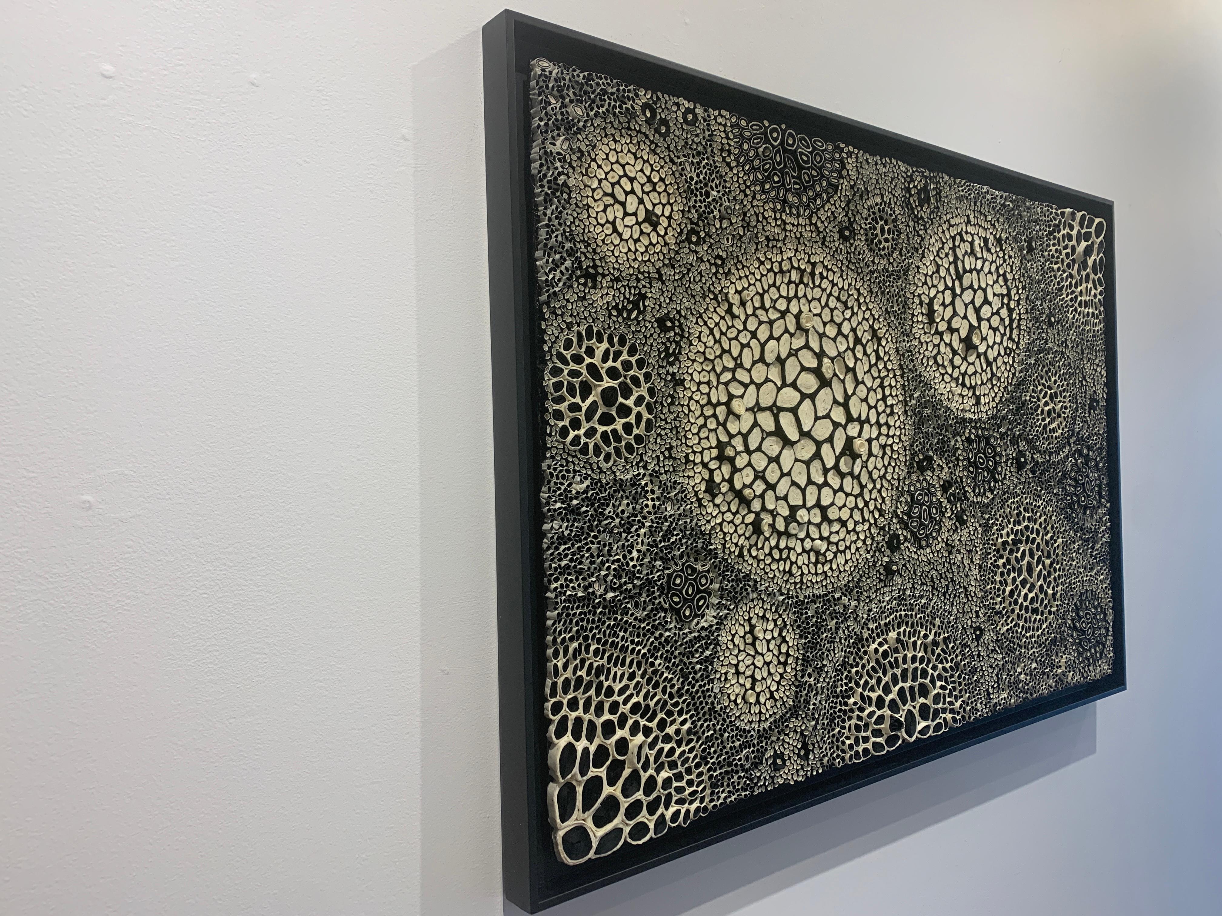 Cette pièce de papier dimensionnel noir et blanc est l'œuvre de l'artiste de techniques mixtes Amy Genser. Ces œuvres murales texturées, uniques en leur genre et encadrées, incarnent le mouvement et les processus. Elle manipule magistralement le
