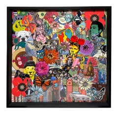 Madness - Bright Colors, Cut Collaged Photos, Fabric and Wallpaper, Framed Art