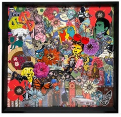 Madness - Bright Colors, Cut Collaged Photos, Fabric and Wallpaper, Framed Art