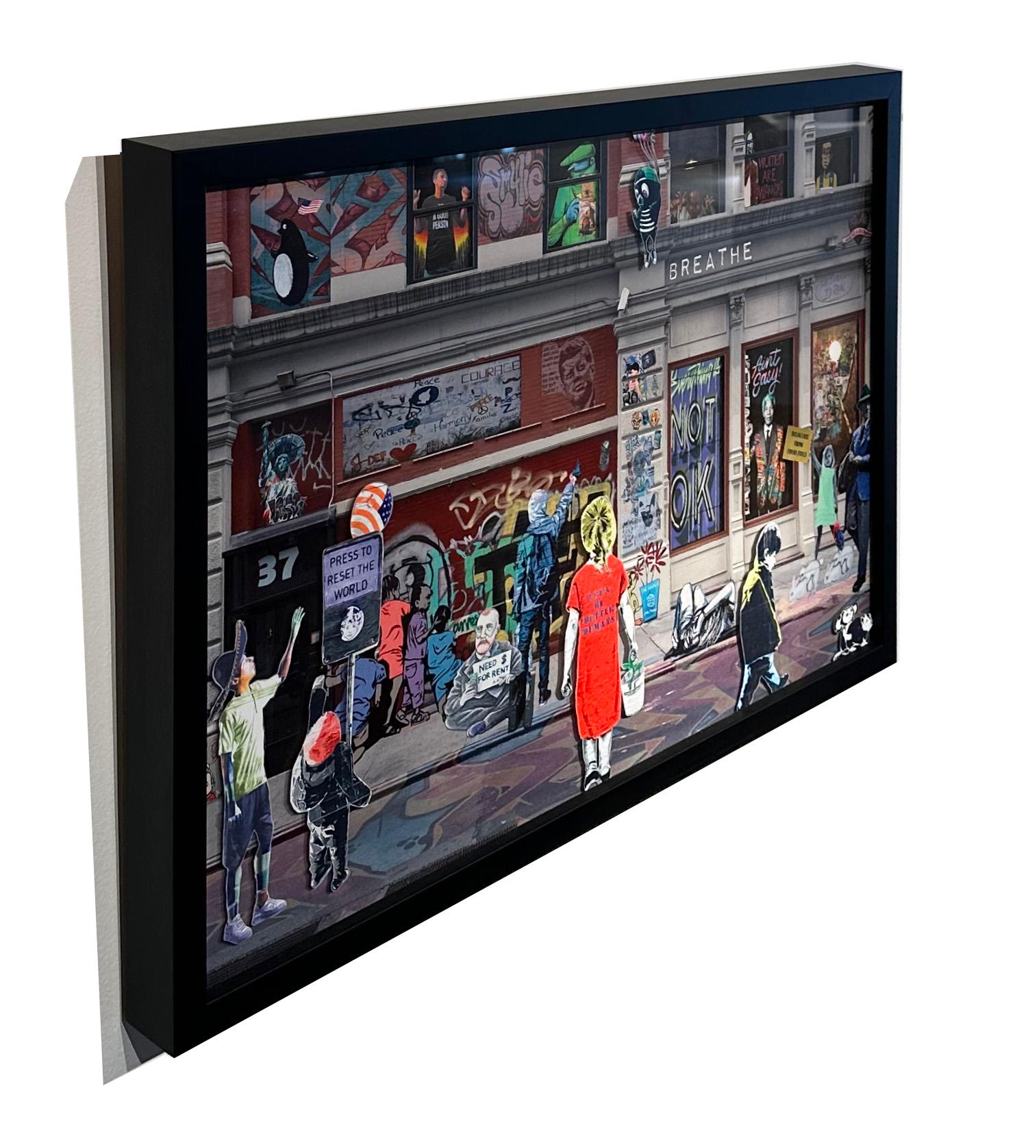 Turbulente Zeiten - Pop Art Fotocollage, Original Kunstwerk, gerahmt (Schwarz), Figurative Painting, von Amy Heifitz