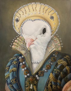 "Bird in Blue, Renaissance Bird Painting", Contemporary Surrealist Oil Portrait