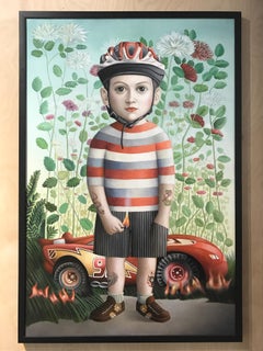 Amy Hill: "Boy With Car", oil on canvas (framed) signed on reverse