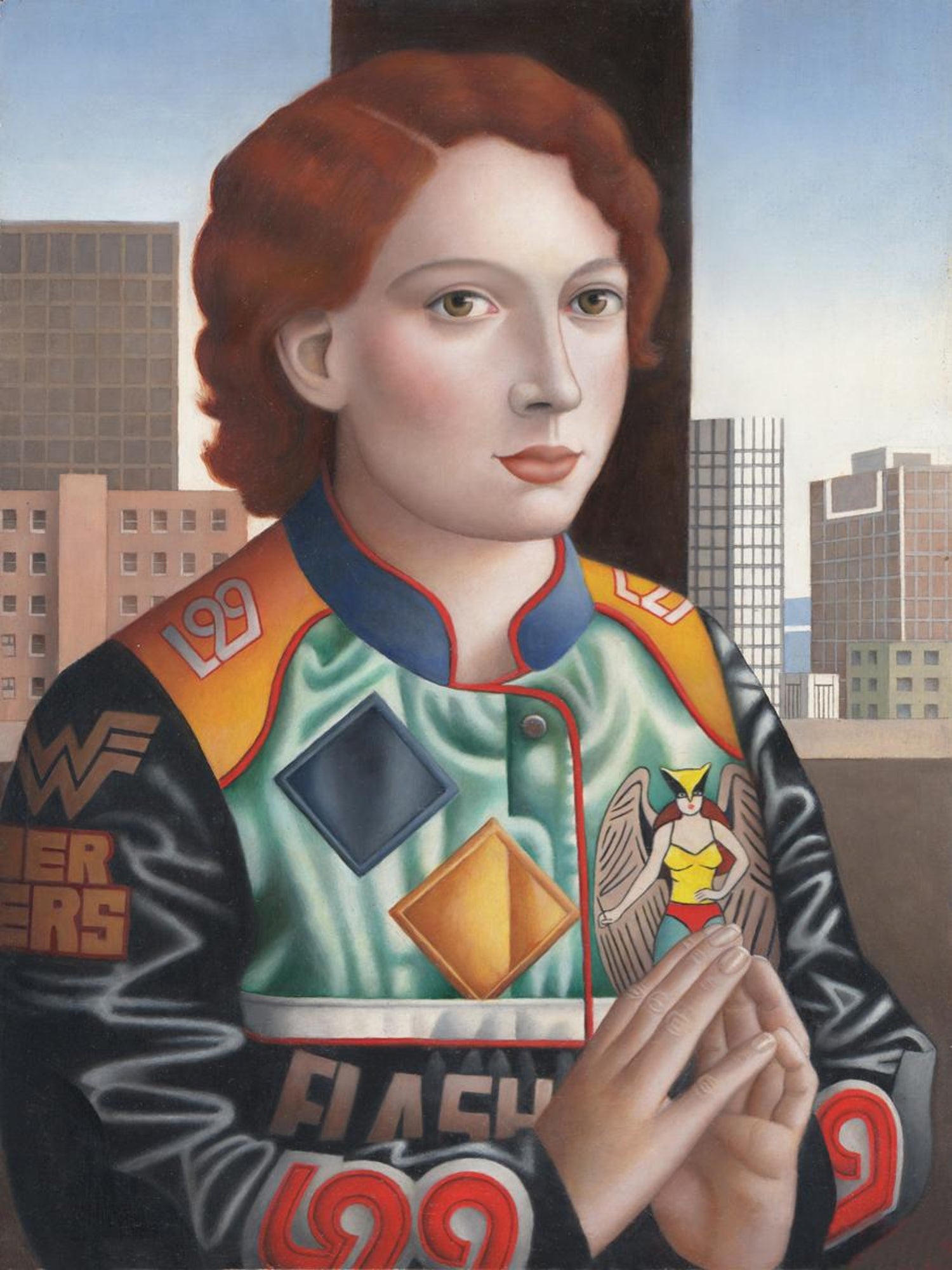 Amy Hill Contemporary Renaissance Portrait Woman In Jh Sports Jacket Oil On Panel At 1stdibs