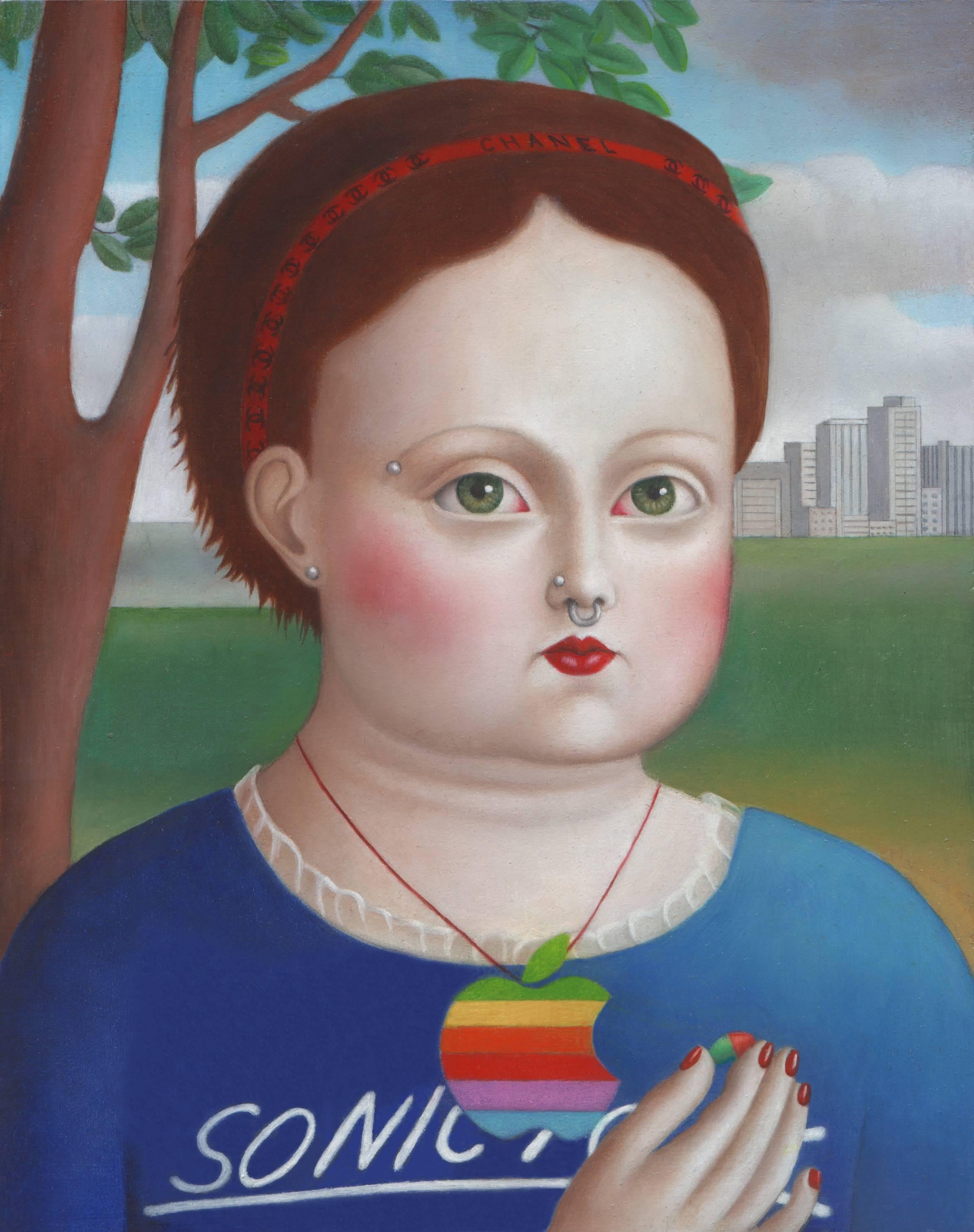 Amy Hill Figurative Painting - "Girl With Pill" Contemporary Early American Folk Art Portrait Oil Painting