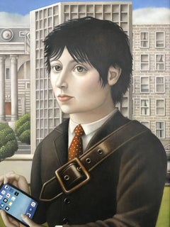 "Man with IPad" Contemporary Renaissnace Style Portrait, oil on panel, framed