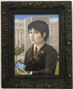 "Man with IPad" Contemporary Renaissnace Style Portrait, oil on panel, framed