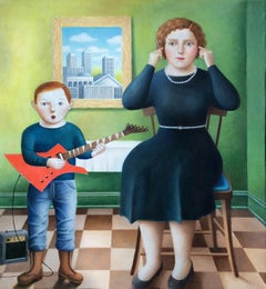 "Mother and Kid" Double Portrait Oil Painting of guitar lesson in urban setting