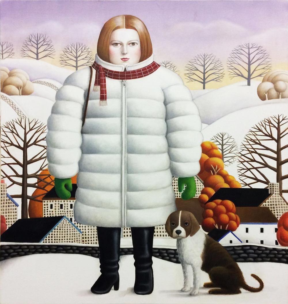 Amy Hill Figurative Painting - Portrait of Girl with Dog, "Snow Scene" oil on canvas (Contemporary Folk Art)