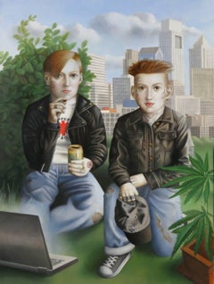 "Two Boys", a Contemporary American Folk Double Portrait, oil on canvas