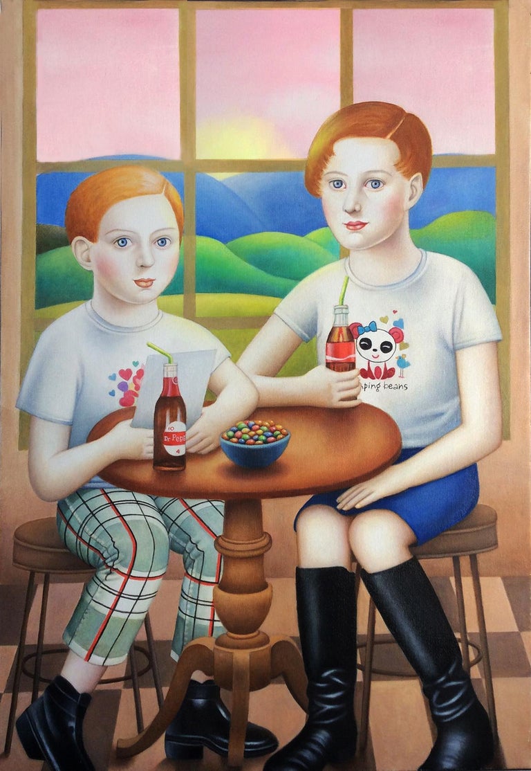 Amy Hill Two Girls At A Table Contemporary Double Portrait In Early American Style At 1stdibs