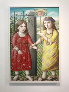 "Contemporary Renaissance Double Portrait,  oil painting "Two Girls with Sign"