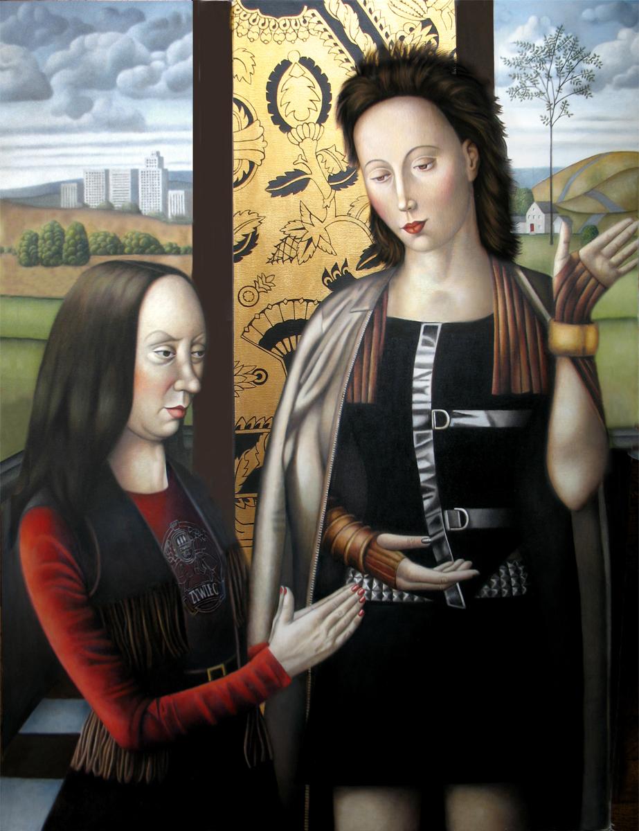 Amy Hill Figurative Painting - Two Women Gesturing - Contemporary Painting Inspired by Flemish Masterworks