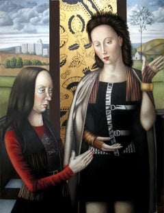 Two Women Gesturing - Contemporary Painting Inspired by Flemish Masterworks