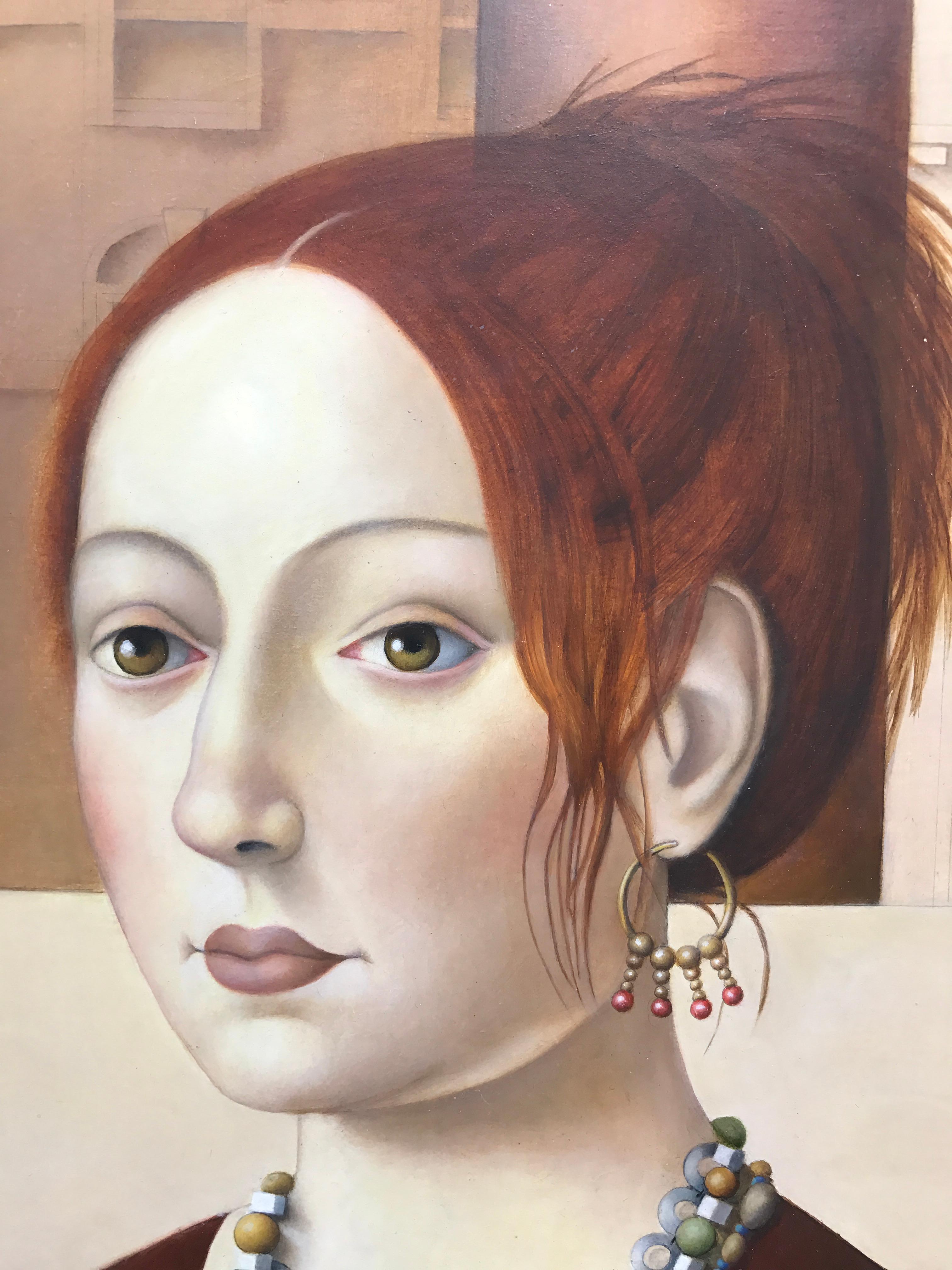 This is an original oil painting by the New York artist, Amy Hill, which juxtaposes modern fashion with Flemish Renaissance style of portraiture.  It is oil on wood panel, 20
